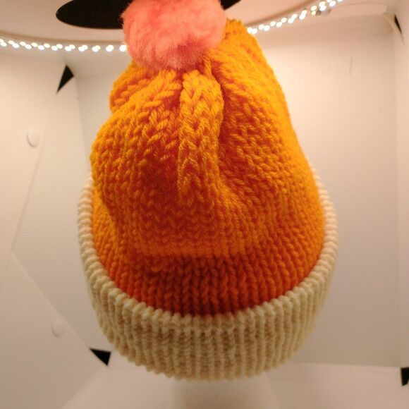 Hand Crafted Knit Unisex Hat Orange Ivory Winter Warm Beanie Slouchy Ski Cap - Picture 3 of 9